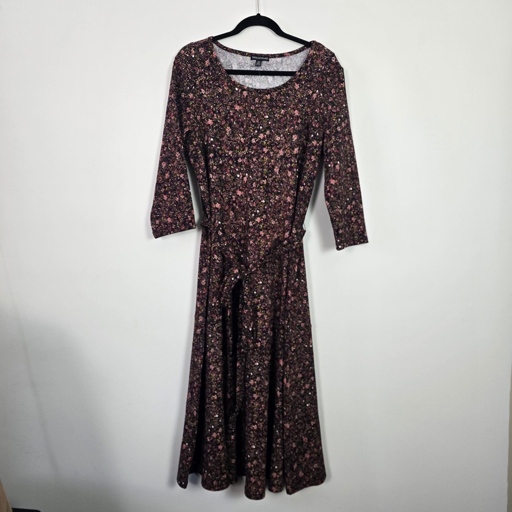 Nina Leonard Floral Midi Dress Womens XL Black Pink 3/4 Sleeve Belted Fit Flare